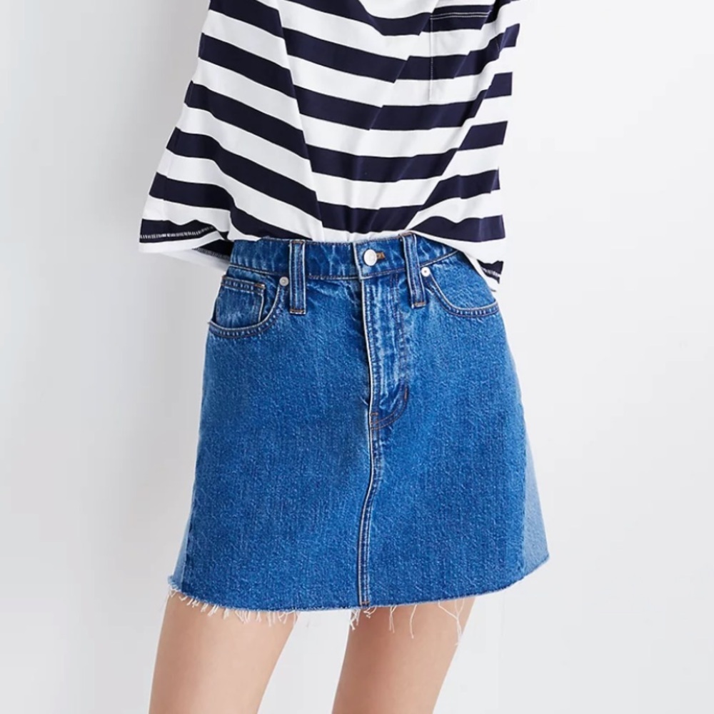 Madewell denim jean rigid high waist mini skirt raw hem two toned denim